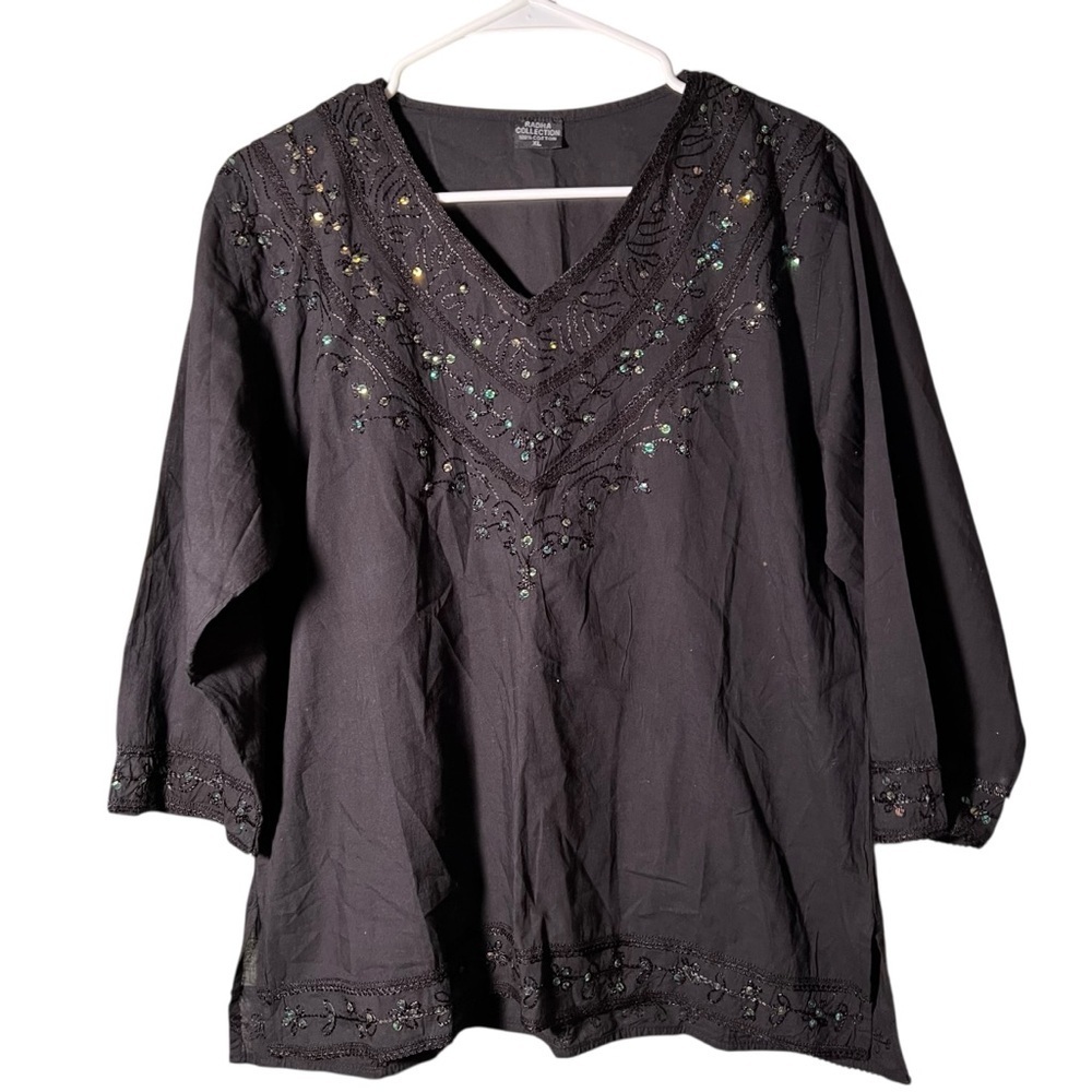 Radha Collection Women's Size XL Tunic Blouse Black Embroidered Sequins Cotton
